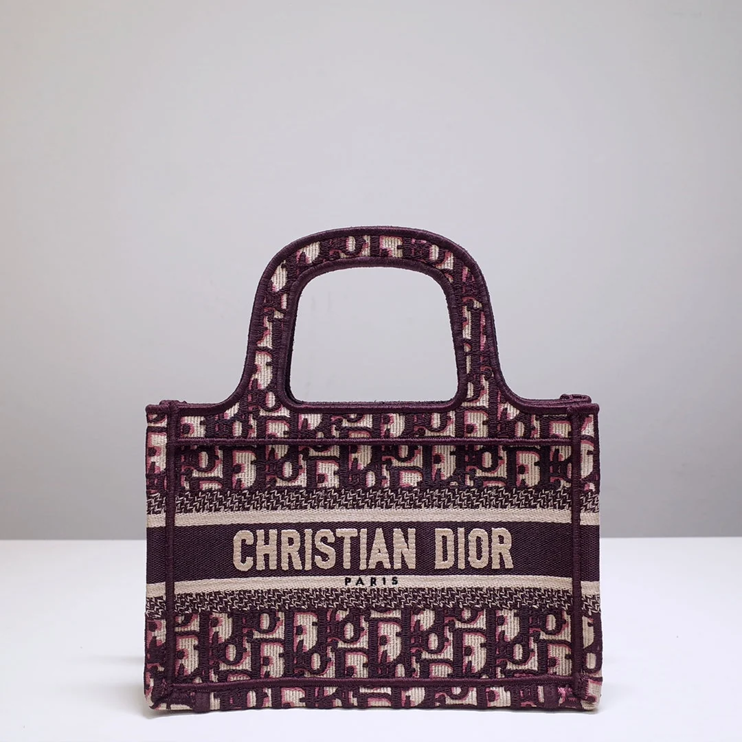 cd mini book tote 23cm burgundy beige embroidery canvas