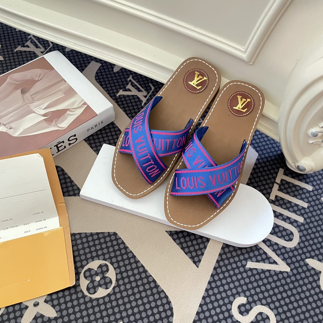 Louis Vuitton Cross Strap Flat Slides Blue