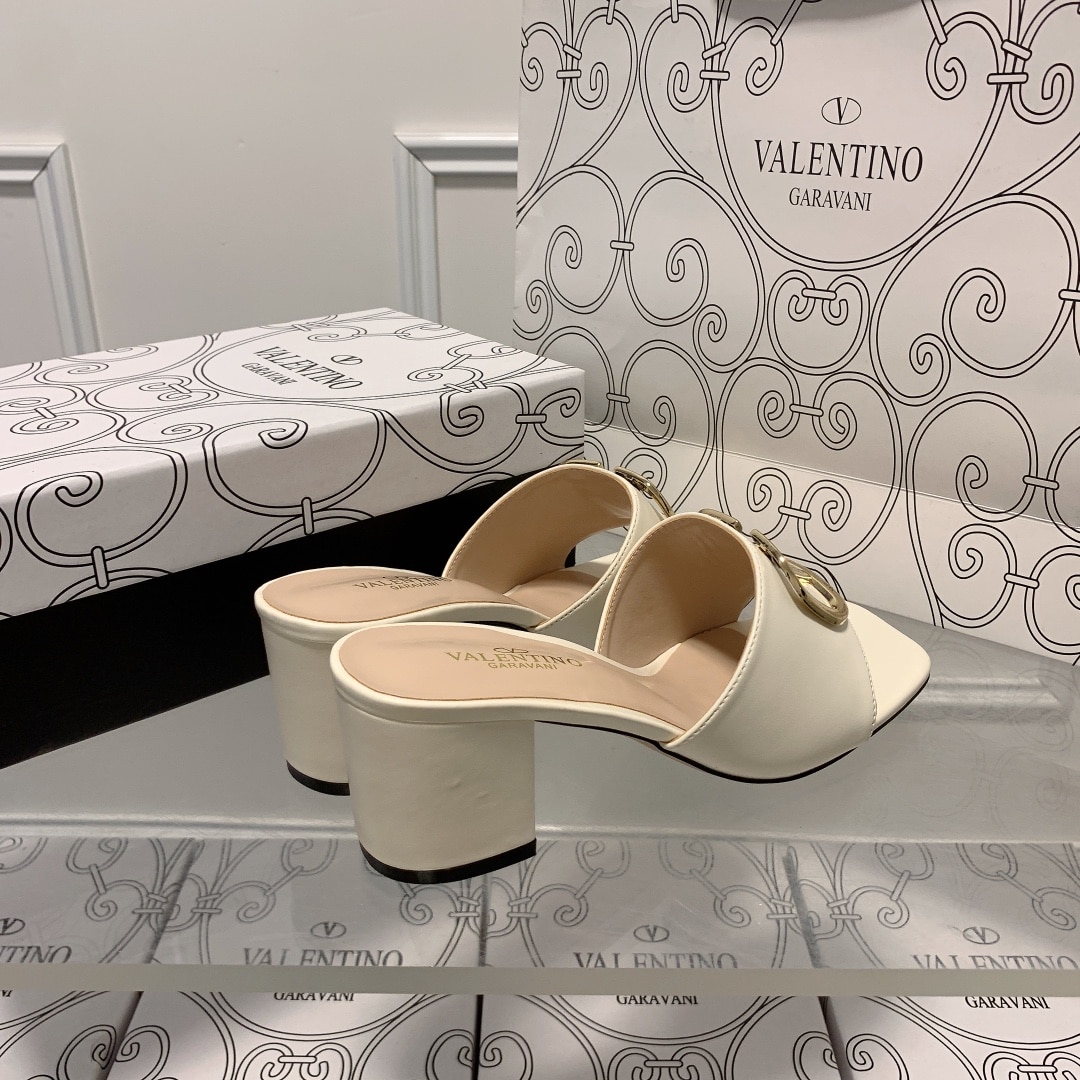Valentino VLogo Signature Square-Toe Mid-Heel Slide Sandals – White