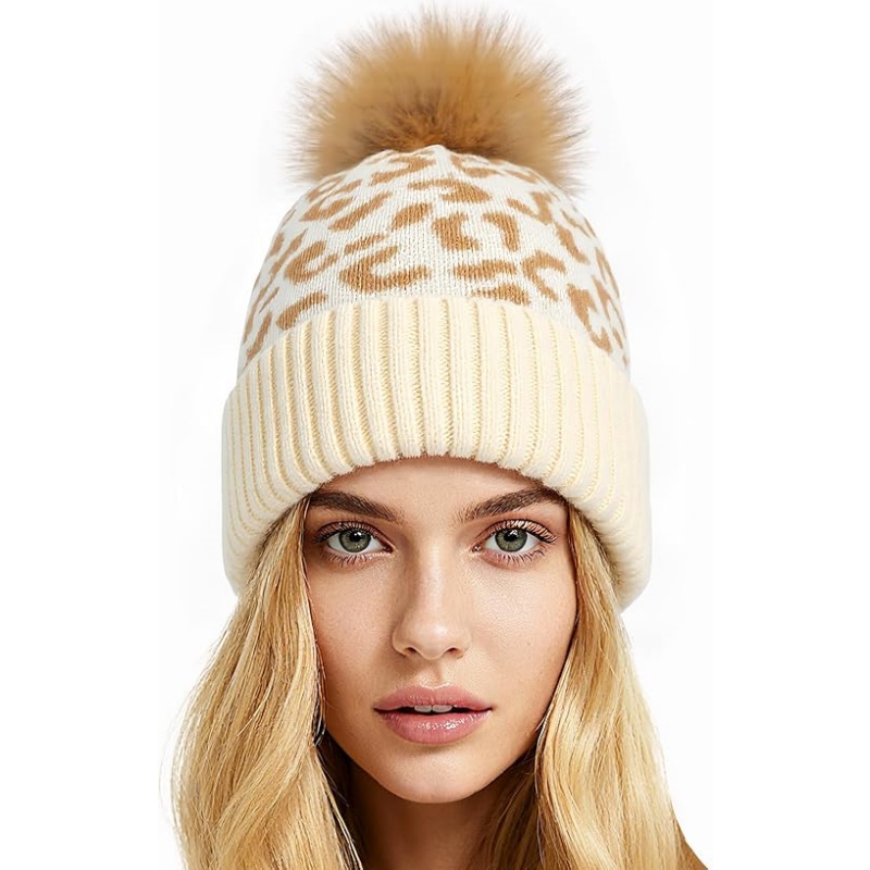 Women Winter Knitted Beanie Hat with Faux Fur Pom