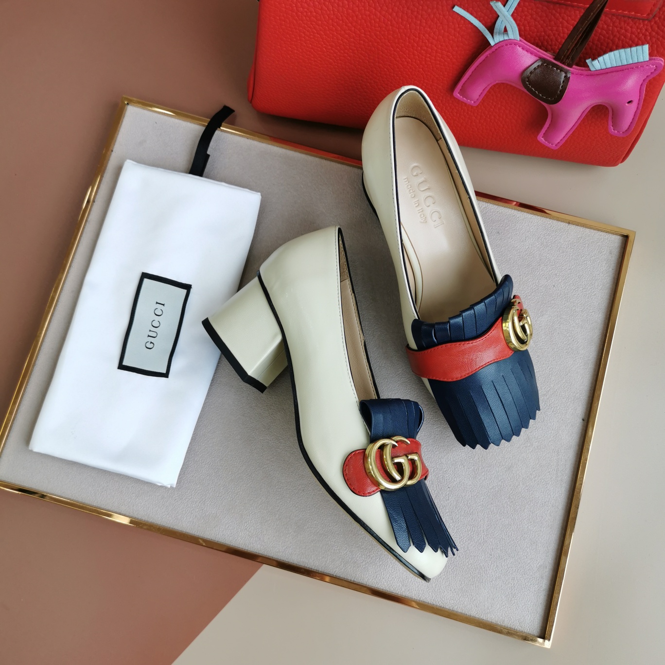 Gucci Wmns White And Blue Leather Mid-Heel Pump