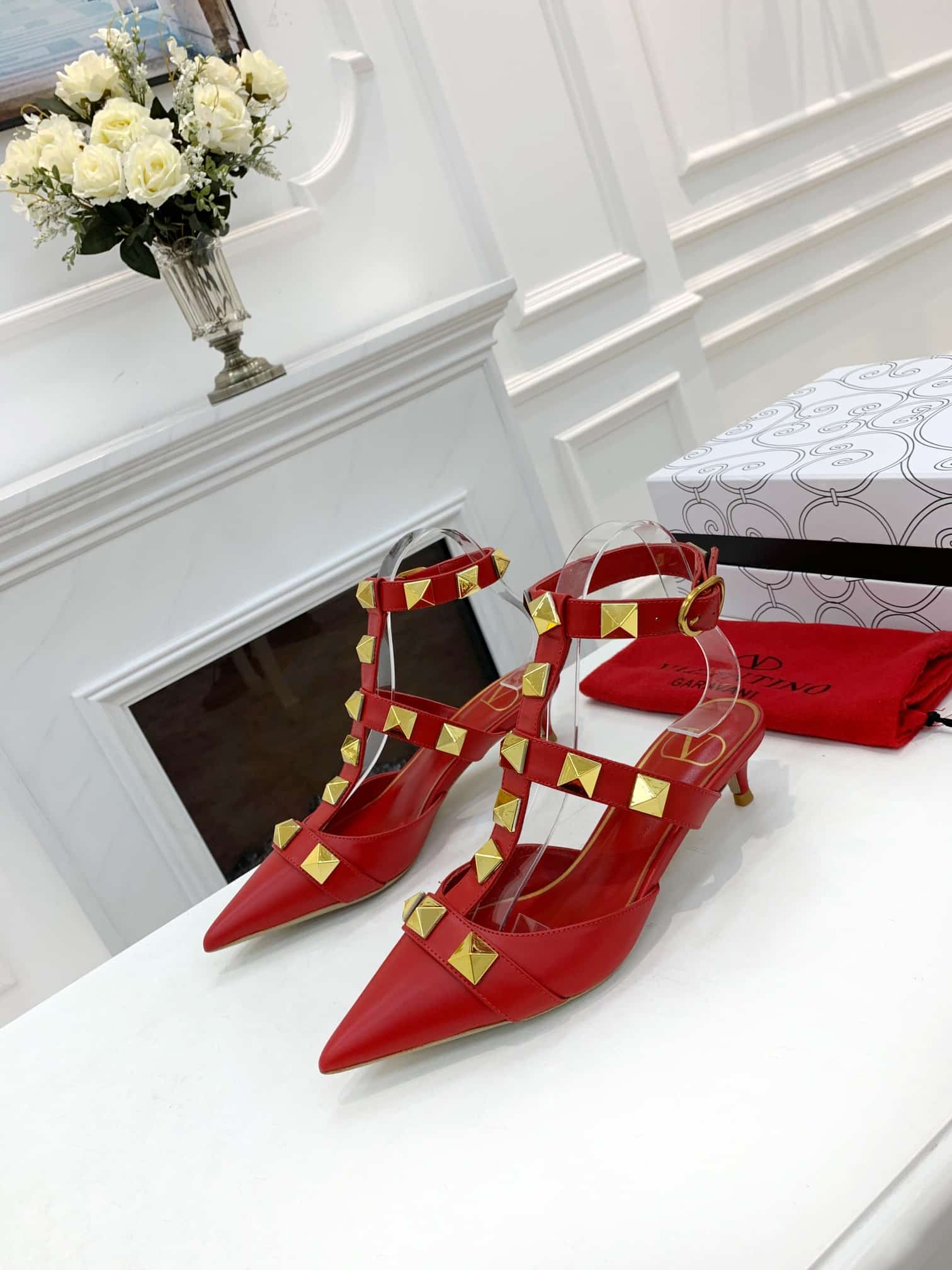 Valentino Garavani Roman Stud Kitten Heel Pumps Red