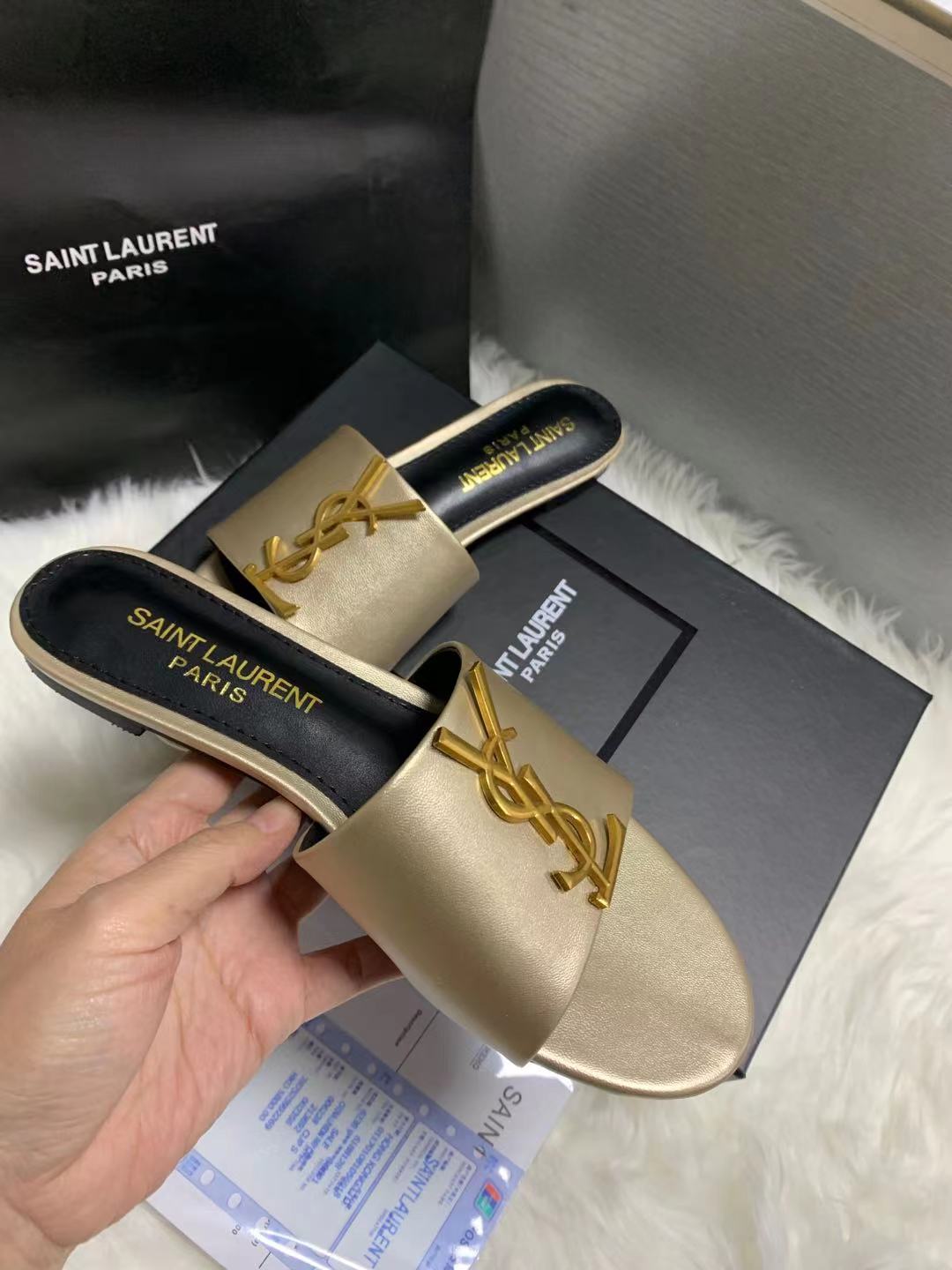 Saint Laurent Logo Slippers Metallic
