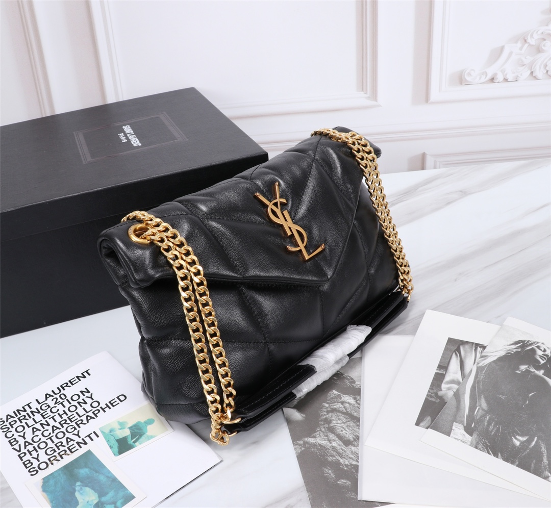 Saint Laurent Puffer Small Chain Bag In Quilted Black Gold
