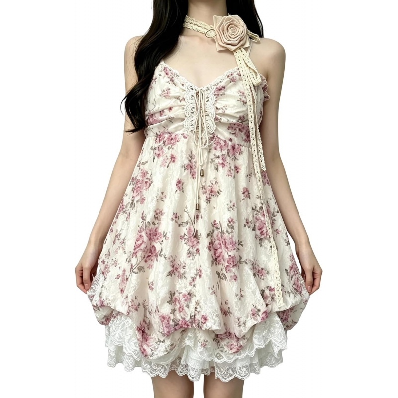 Spaghetti Strap Lace Mini Dress 2000s Women Cute Summer