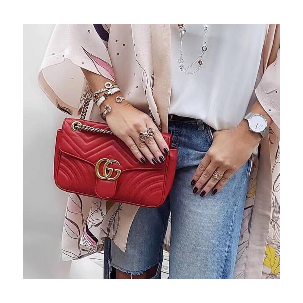 Gucci GG Marmont Matelasse Chevron Leather Small Shoulder Bag Red