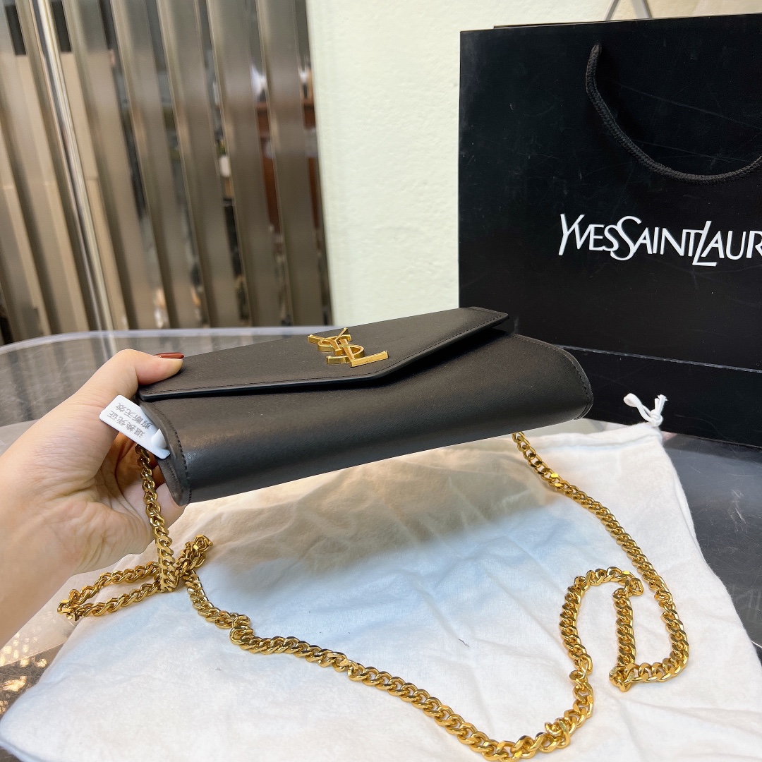 Saint Laurent Uptown Chain Wallet In Grain De Poudre Embossed Black 19Cm