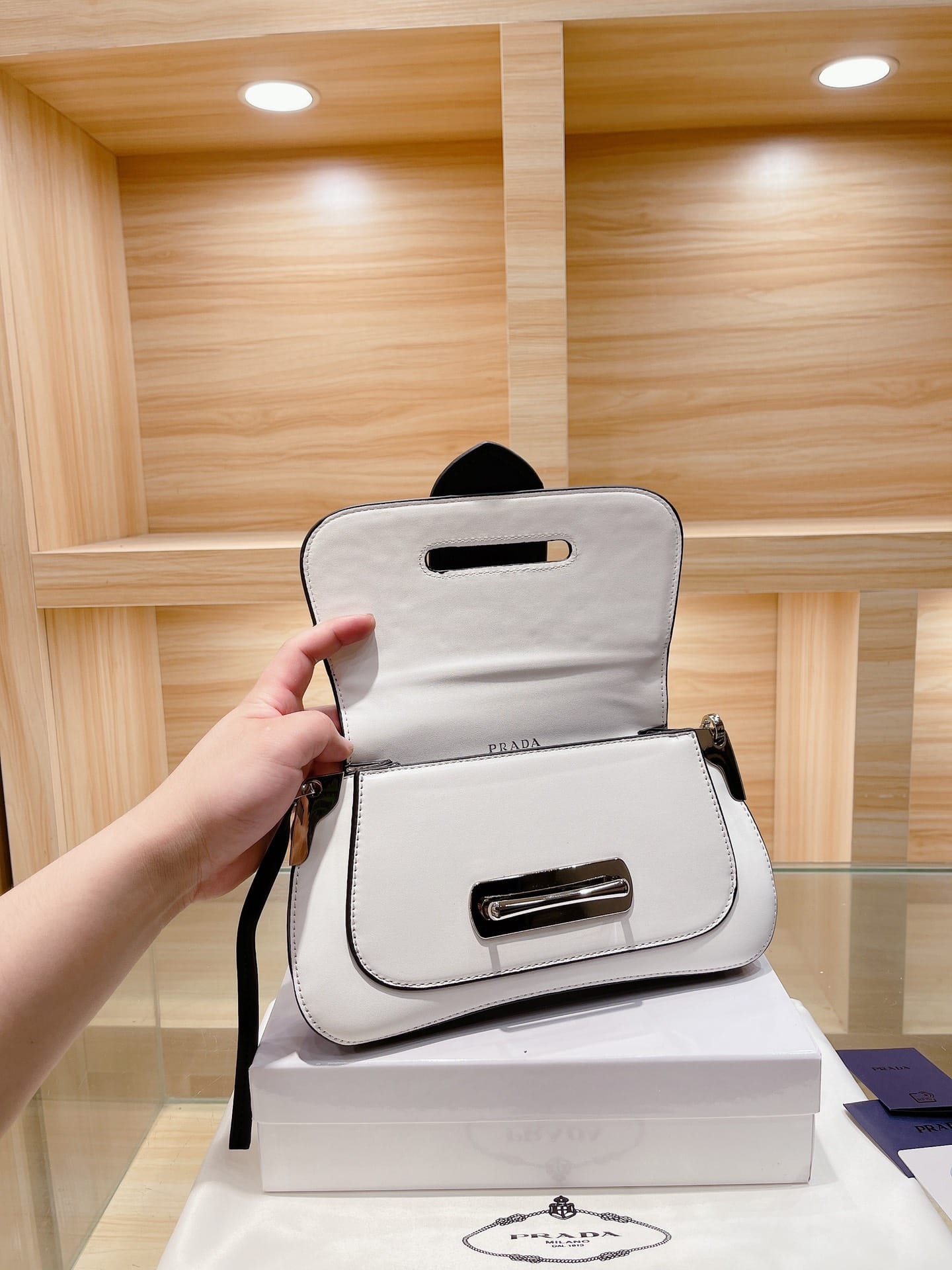 Prada City Calfskin Sidonie Shoulder Bag White Black 28Cm
