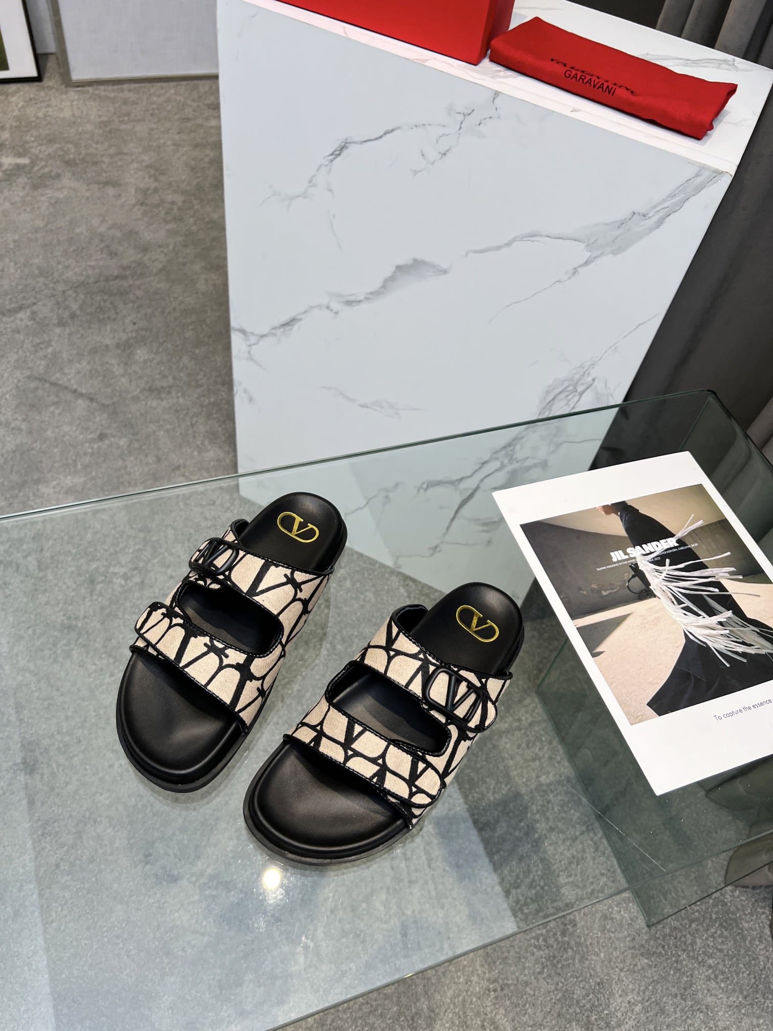 Valentino Garavani VLogo Toile Iconographe Sandal Black Beige
