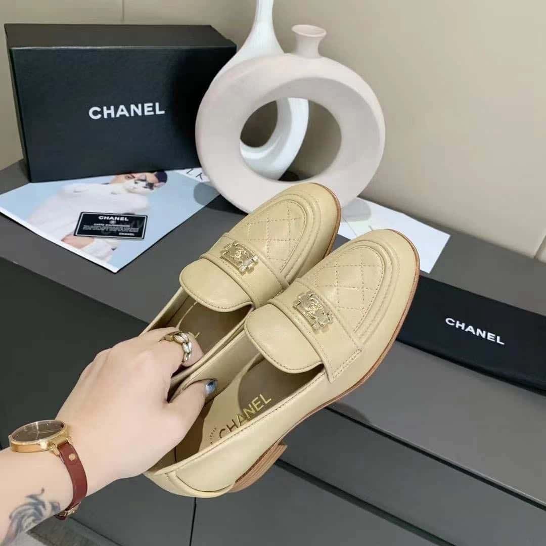 Chanel 20B Quilted Boy Lego Metal Logo Gold Mule Slip On Flat Loafers Beige