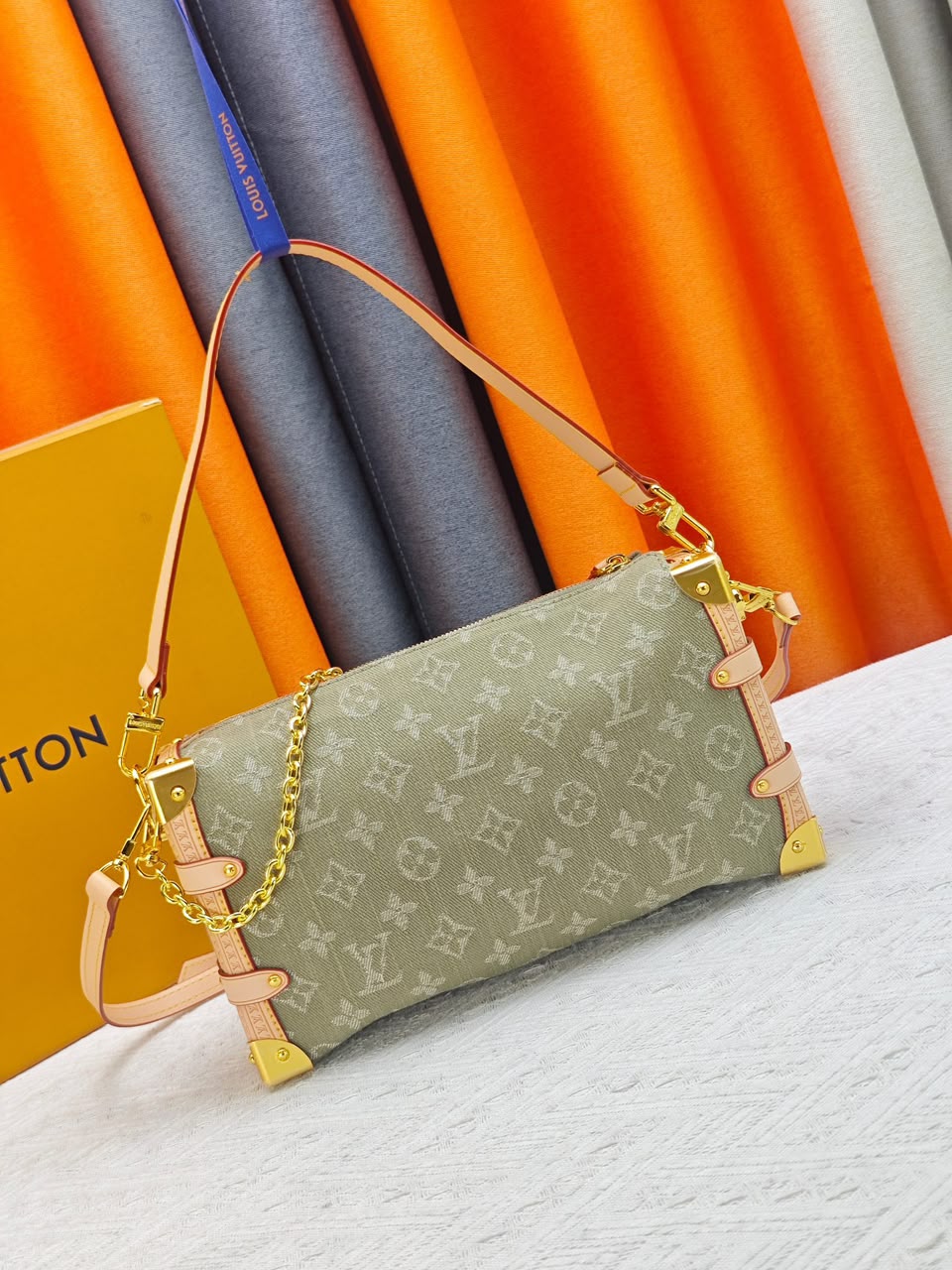 Louis Vuitton East West MM Side Trunk Bag Khaki Denim 28cm M27451