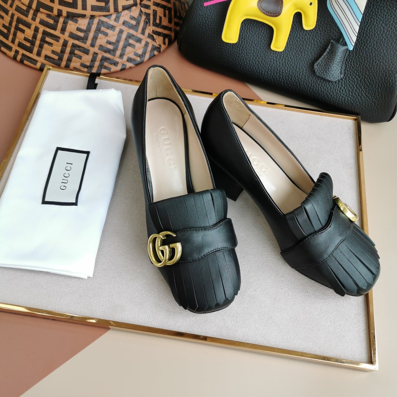 Gucci Wmns Black Leather Mid-Heel Pump 408208 C9D00 1000