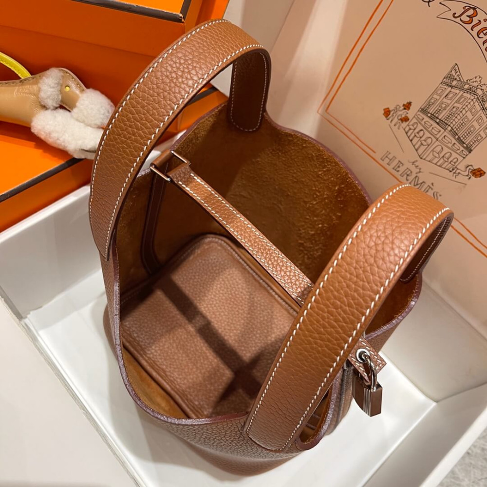 Hermes Picotin Lock Bag In Taurillon Clemence Gold Brown 22Cm
