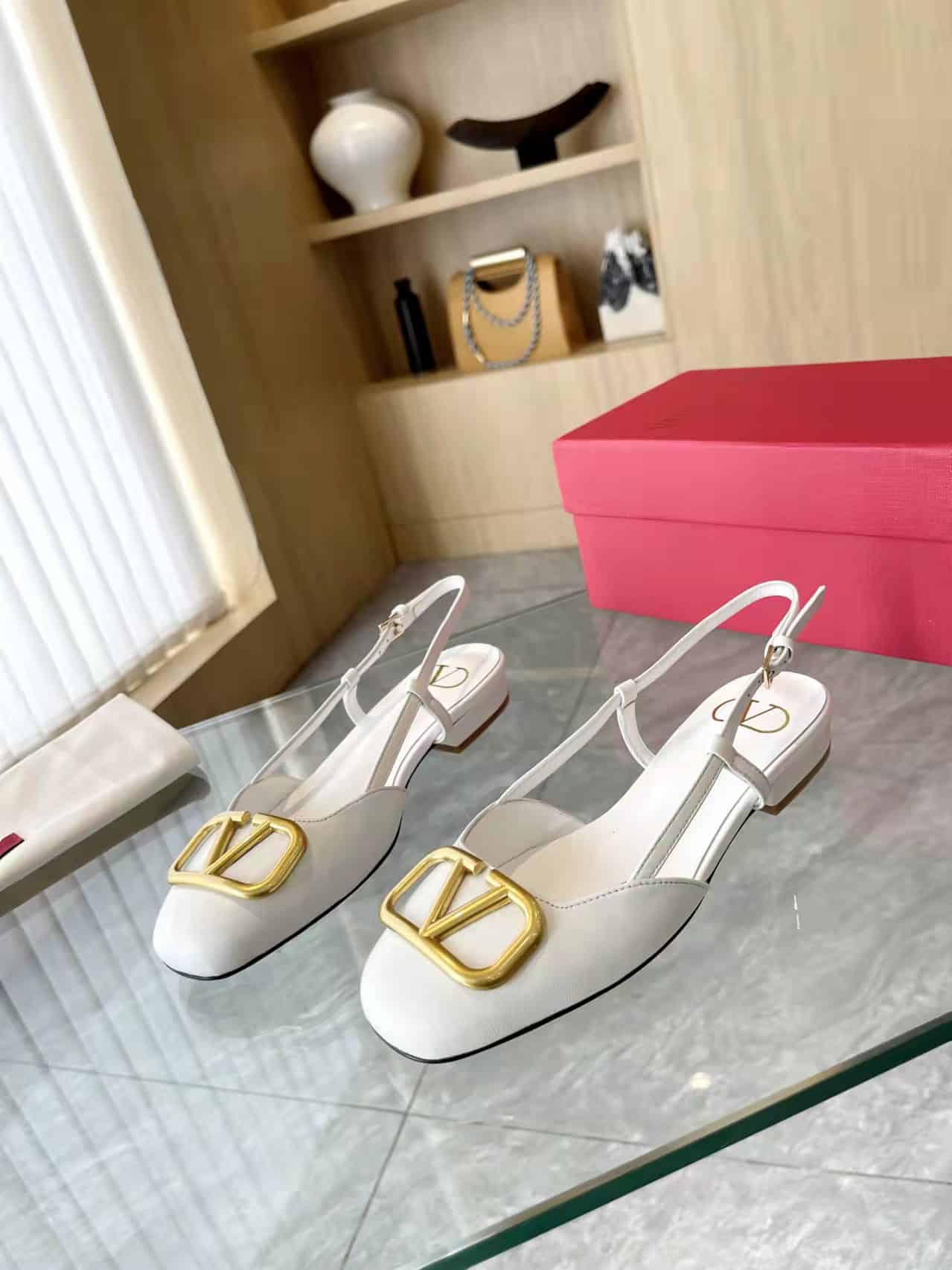 Valentino Garavani V Logo Leather Slingback Flats White