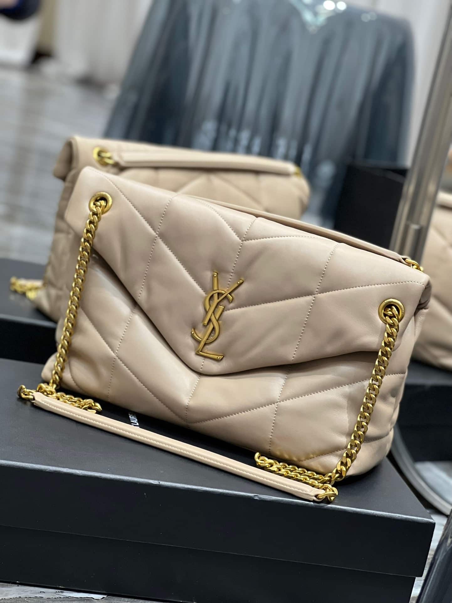 Saint Laurent Puffer Medium Chain Bag In Quilted Beige