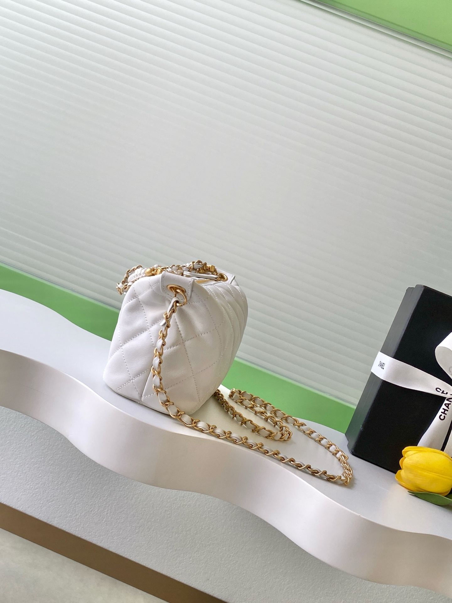 Quilted Lambskin Hobo Bag with Pearl Chain in White (Gold Hardware)
