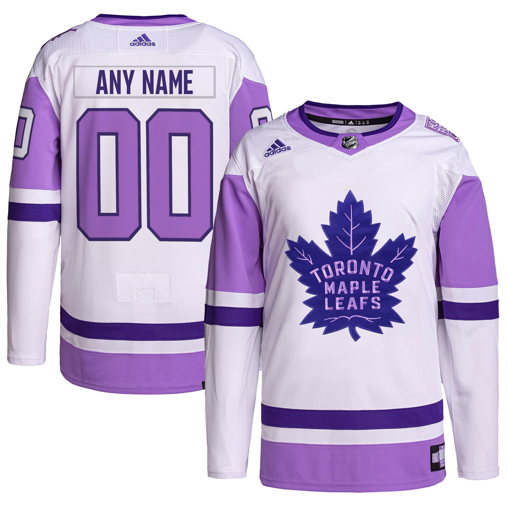 Toronto Maple Leafs adidas Hockey Fights Cancer Primegreen Authentic Custom Jersey – White/Purple