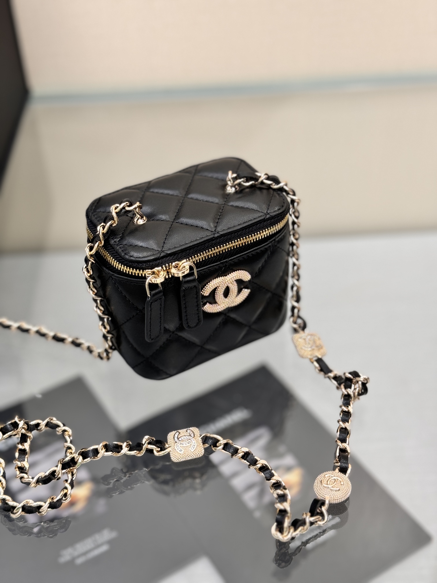 Mini Vanity Case with Chain in Black Quilted Calfskin with Crystal CC Logo & Light Gold-Tone Hardware