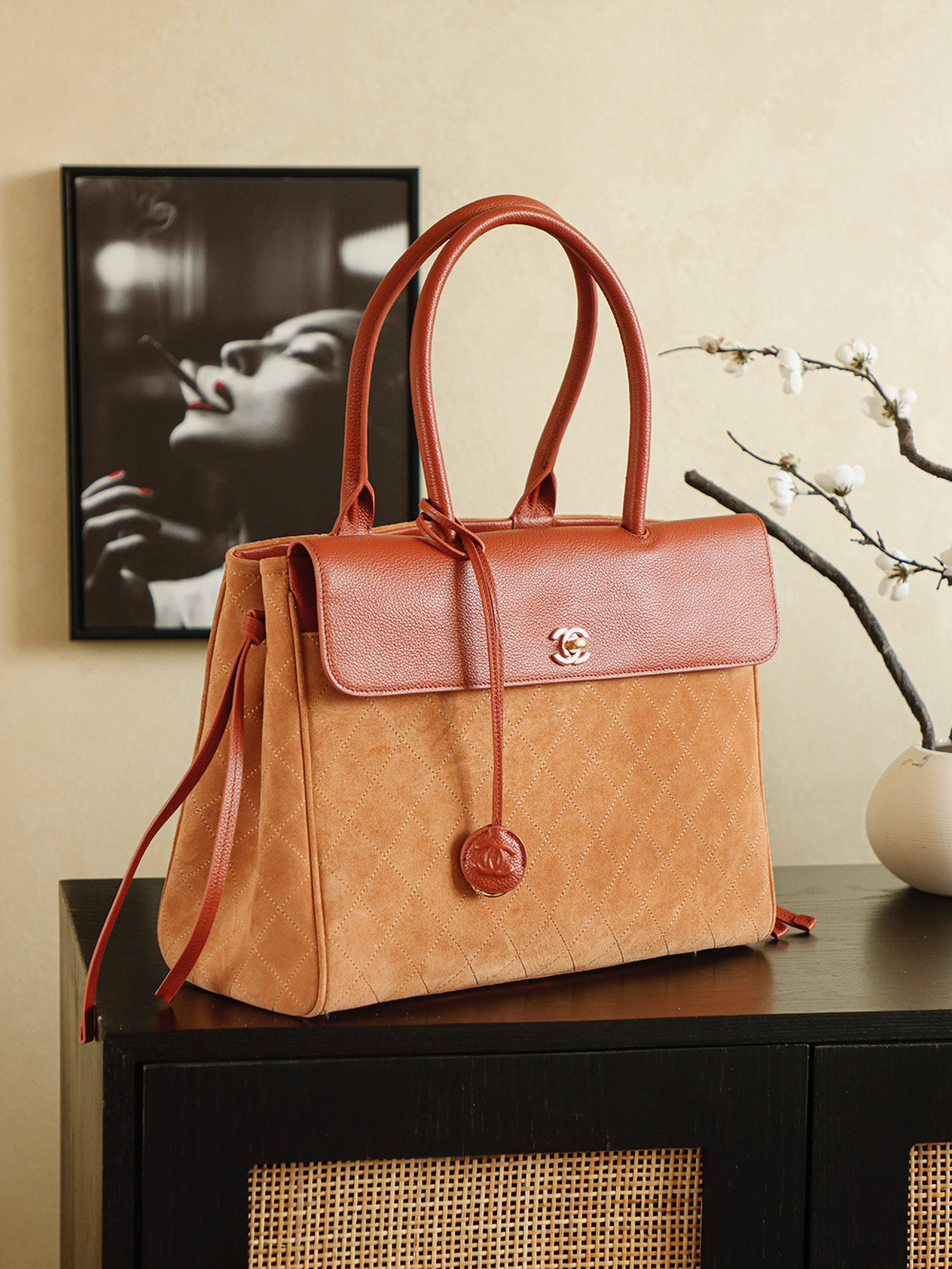 Vintage 90s Quilted Turnlock Tote Bag in Caramel Suede & Terracotta Caviar Leather with Gold-Tone Hardware