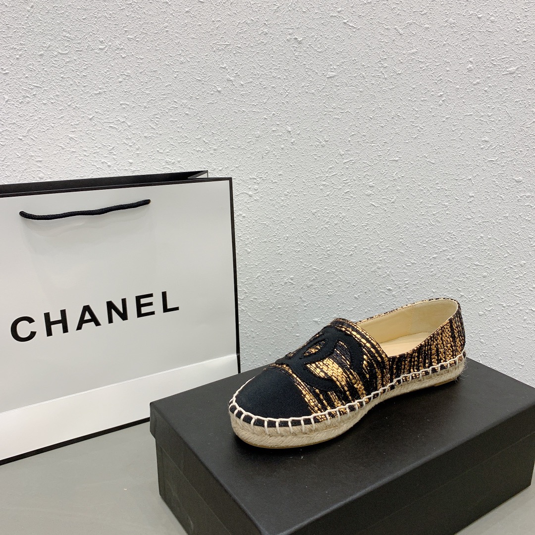 Chanel Metallic Tweed Grosgrain Cc Espadrilles Slip On Gold Black