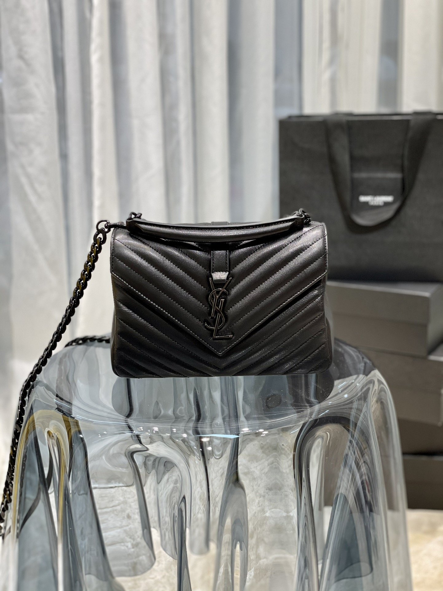 Saint Laurent College Medium Chain Bag In Quilted Leather Black Noir 24Cm