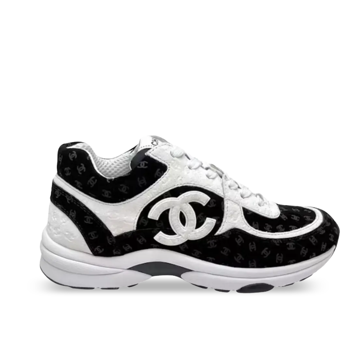 Chanel Cc Embossed Logo Suede Black White