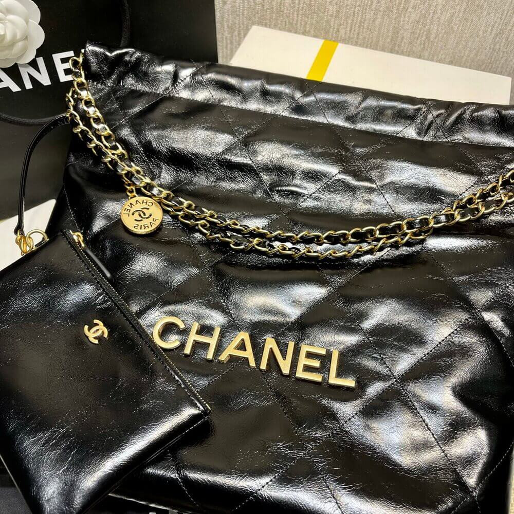 Chanel 22 Small Handbag Shiny Calfskin Black Gold