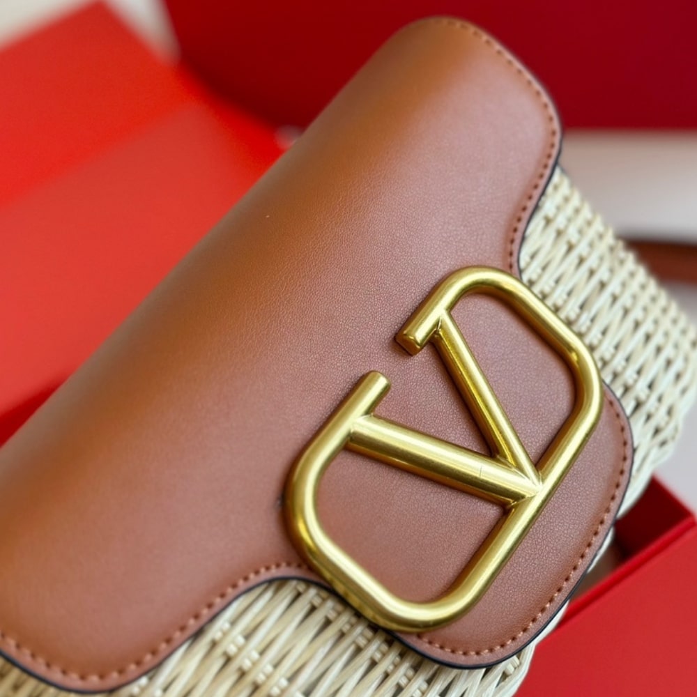 Valentino Loco VLogo Flap Straw Shoulder Bag Brown 18Cm