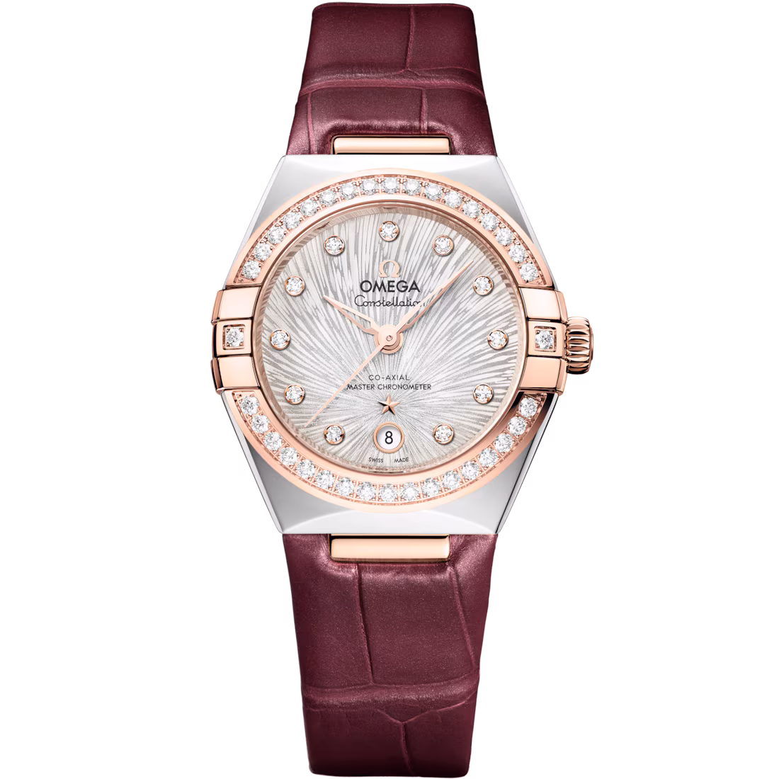 Omega Constellation 29mm Steel And Sedna Gold Case Diamond Bezel PVD Canopus Gold Silver Dial Burgundy Leather Strap 131.28.29.20.52.001