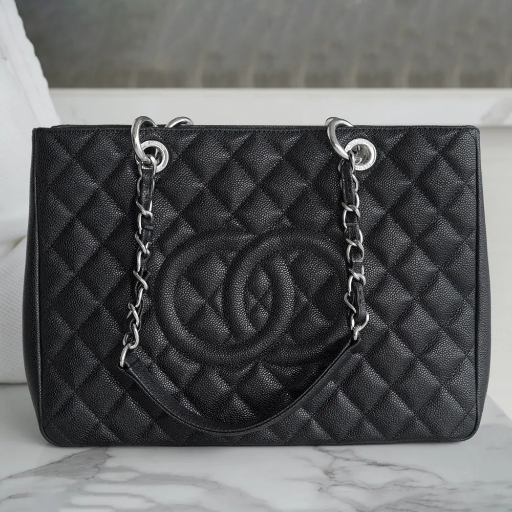 Chanel Classic Tote Bag Silver Hardware Black 34cm