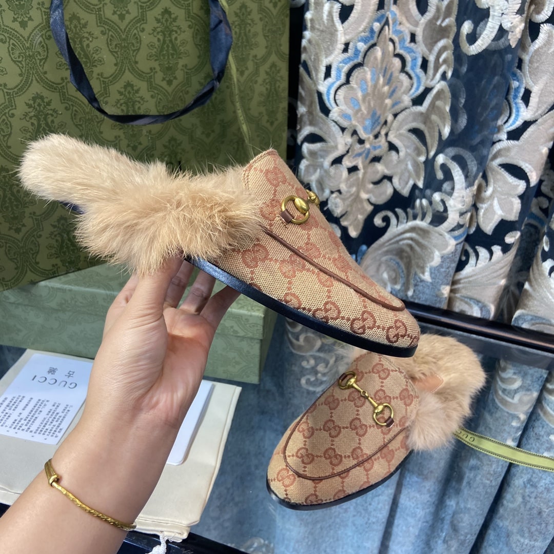 Gucci Princetown Lamb Fur Slippers Rust Natural