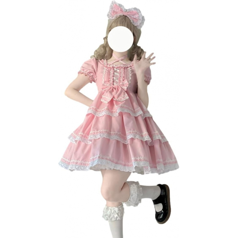 Sweet Lolita Dress for Teens Kawaii Puff Sleeve Lace Tiered