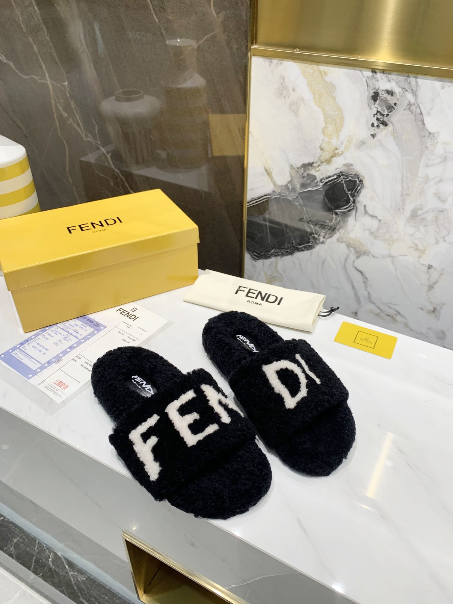 Fendi Shearling Slides Black
