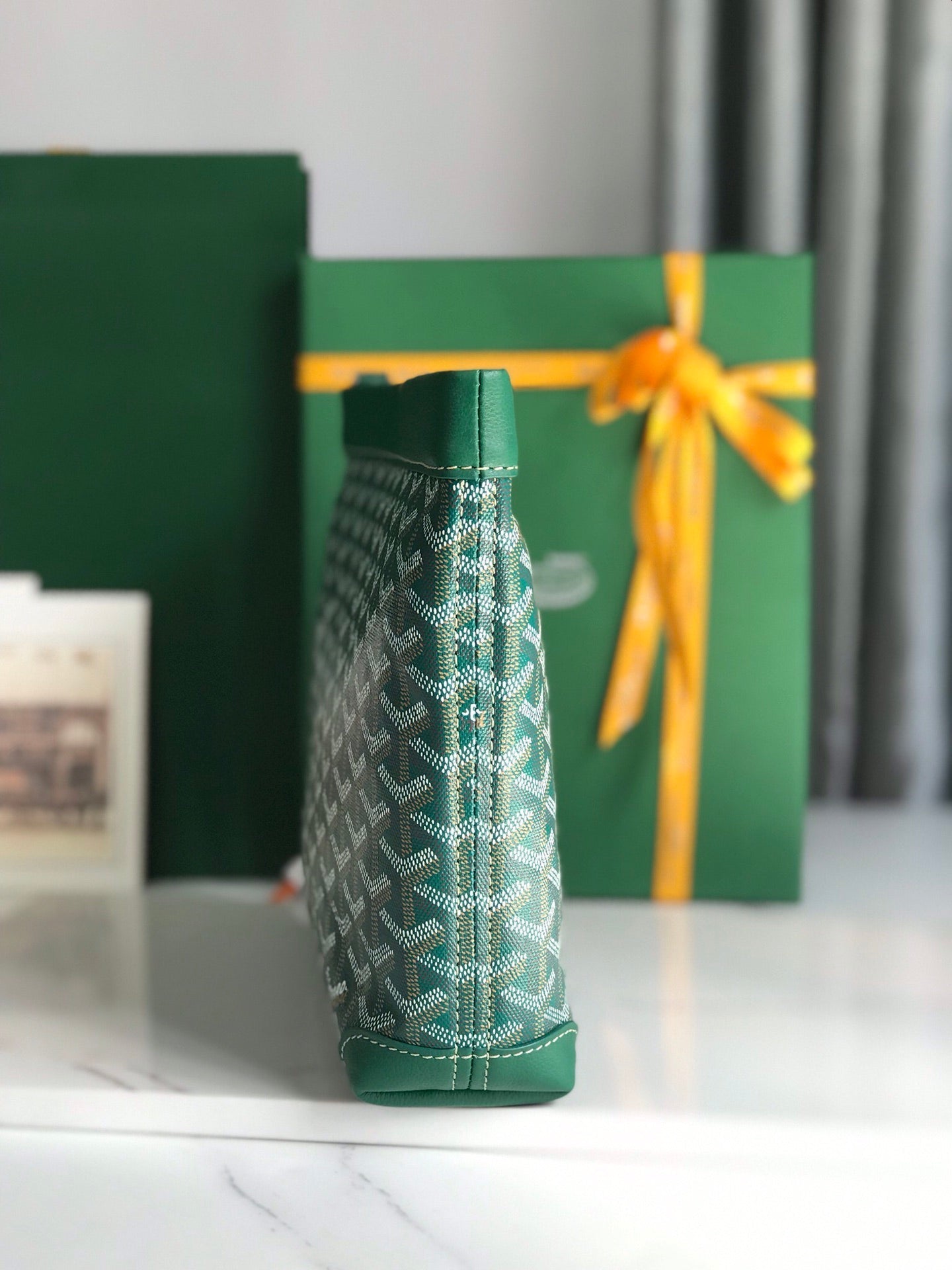Goyard Conti Pouch 24 Cm Green Lambskin And Goyardine Canvas
