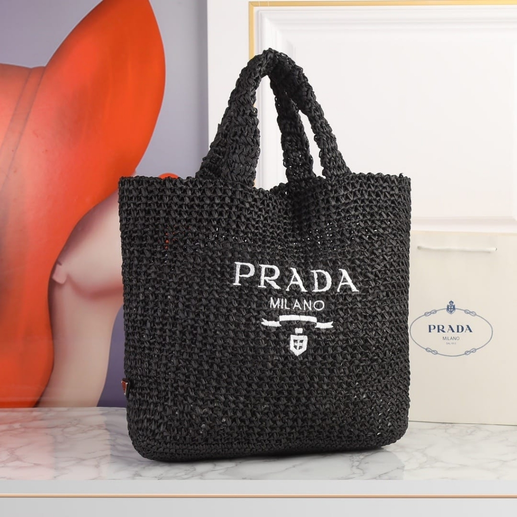 Prada Large Crochet Tote Bag Raffia In Black 40cm 1BG392 2A2T F0002 V OOL