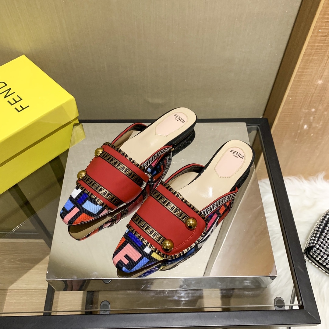 Fendi Flat Loafers Ff White Strap Red