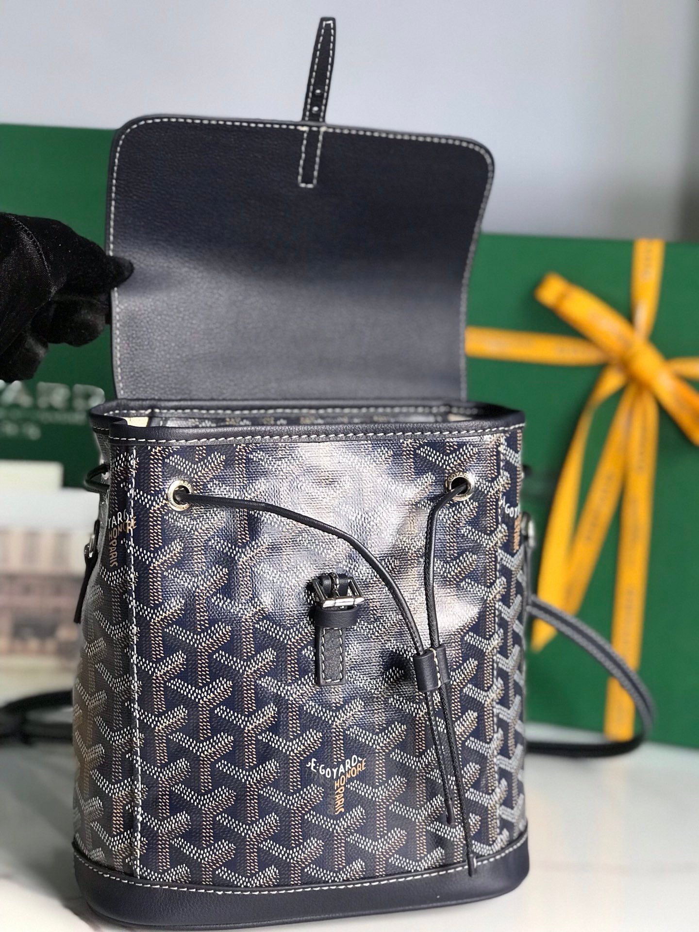 Goyard Alpin Mini Backpack 21cm Navy Blue Lambskin And Goyardine Canvas
