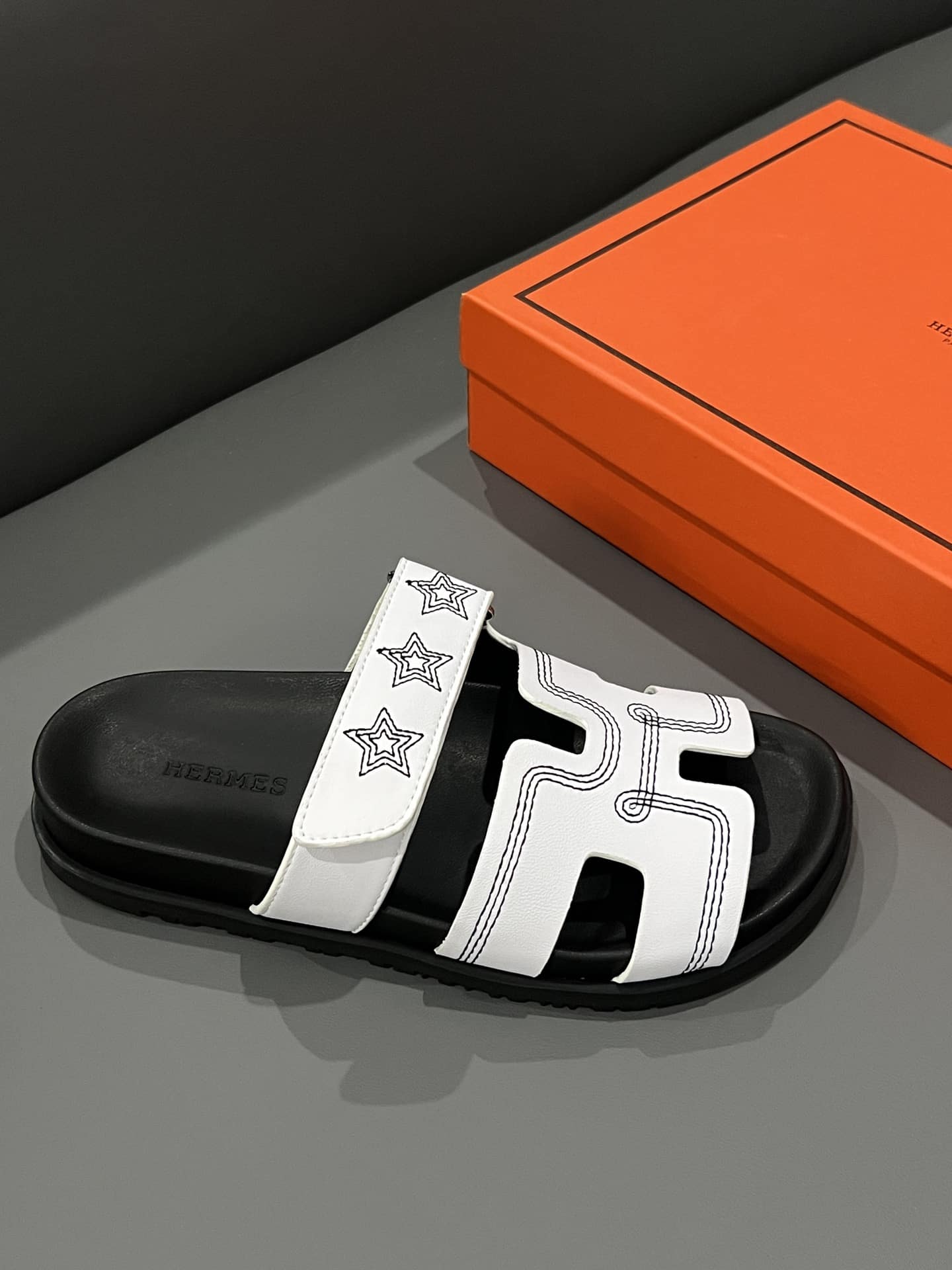 Hermes Chypre Sandal Star Stitched Blanc White