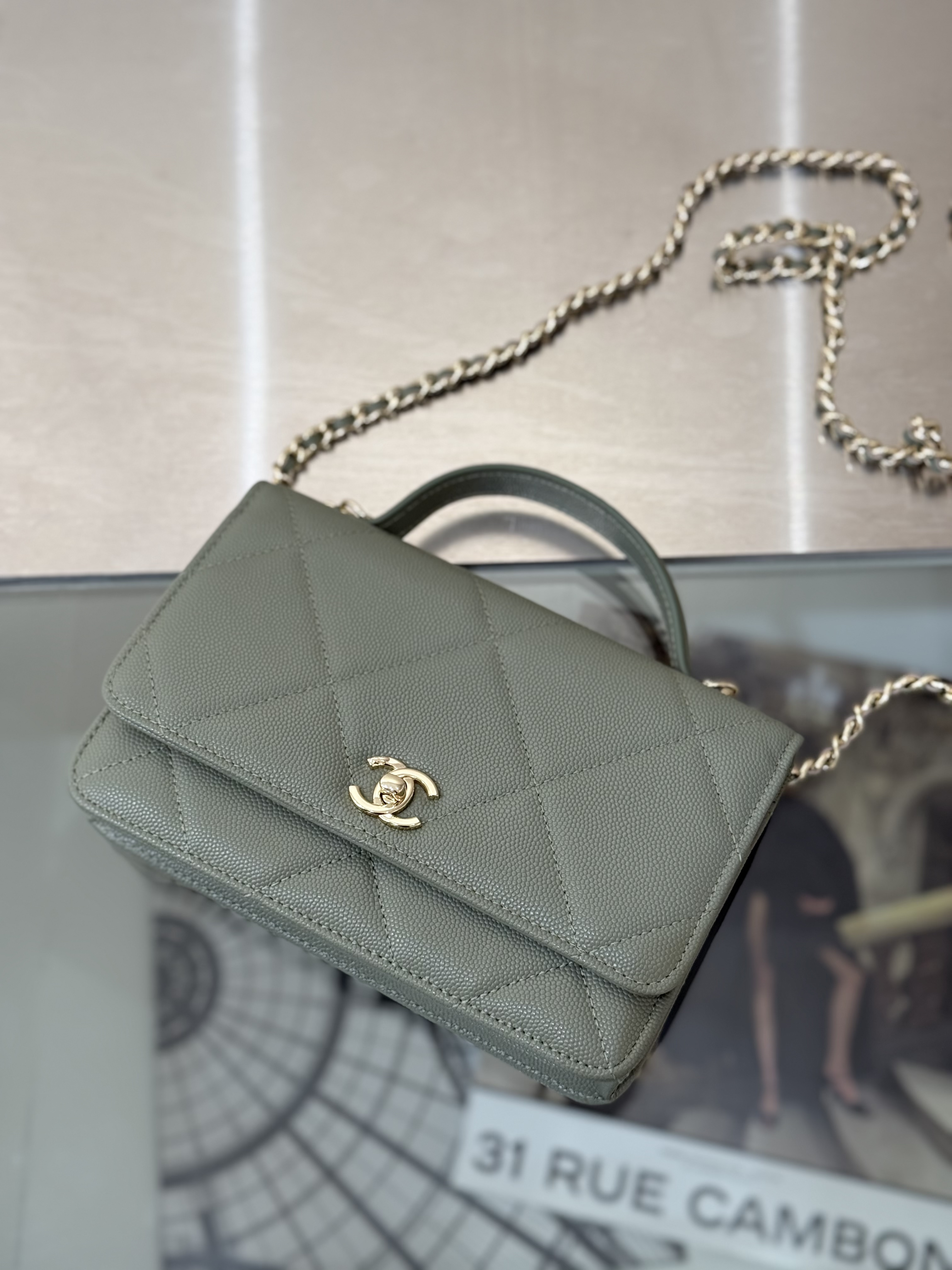 Wallet on Chain with Top Handle (AP3984) in Green Caviar Leather with Gold-Tone Hardware, 25C Cruise Collection