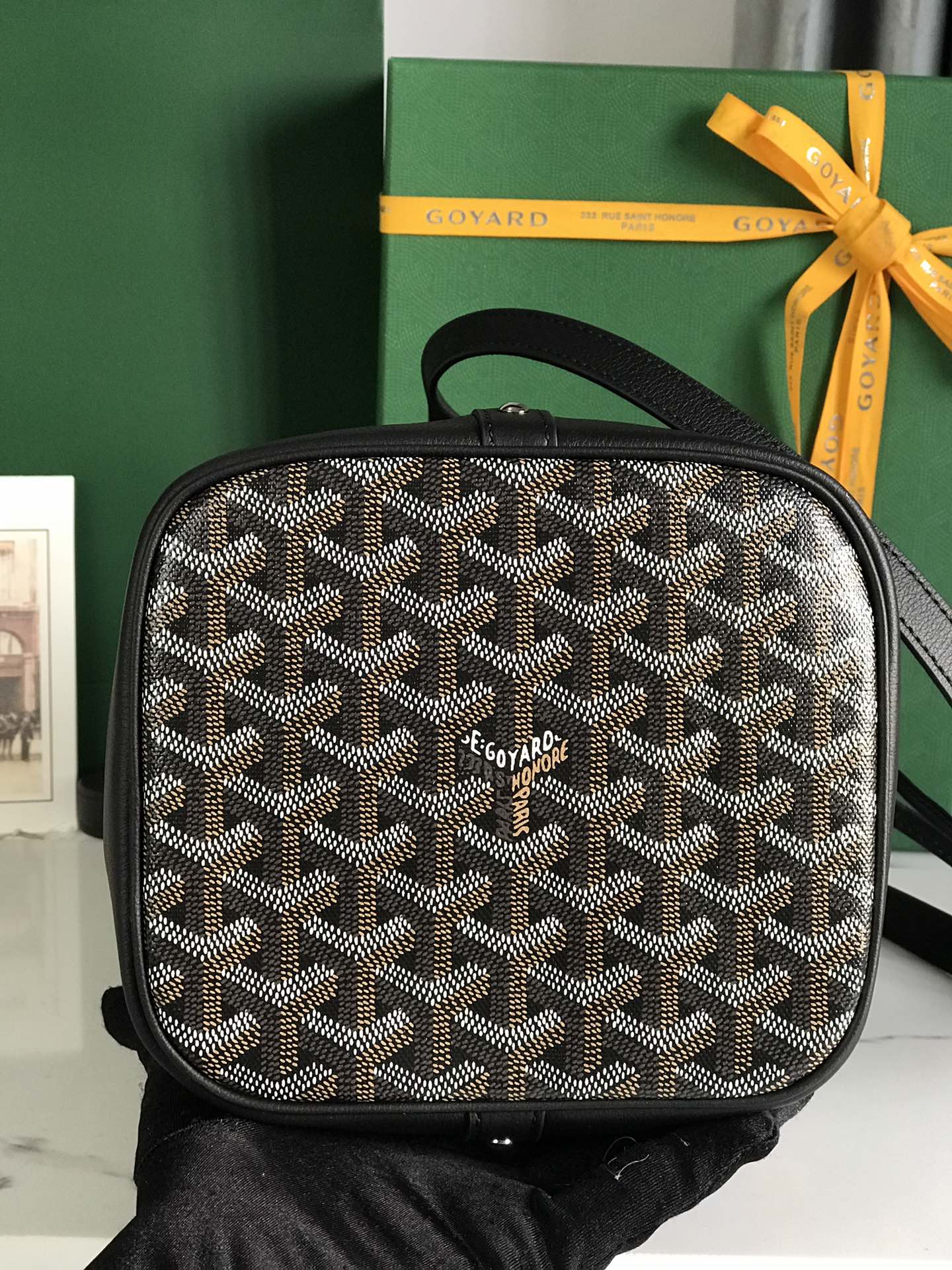 Goyard Petit Flot Bucket Bag 22 Cm Black Goyardine Canvas And Lambskin Trim
