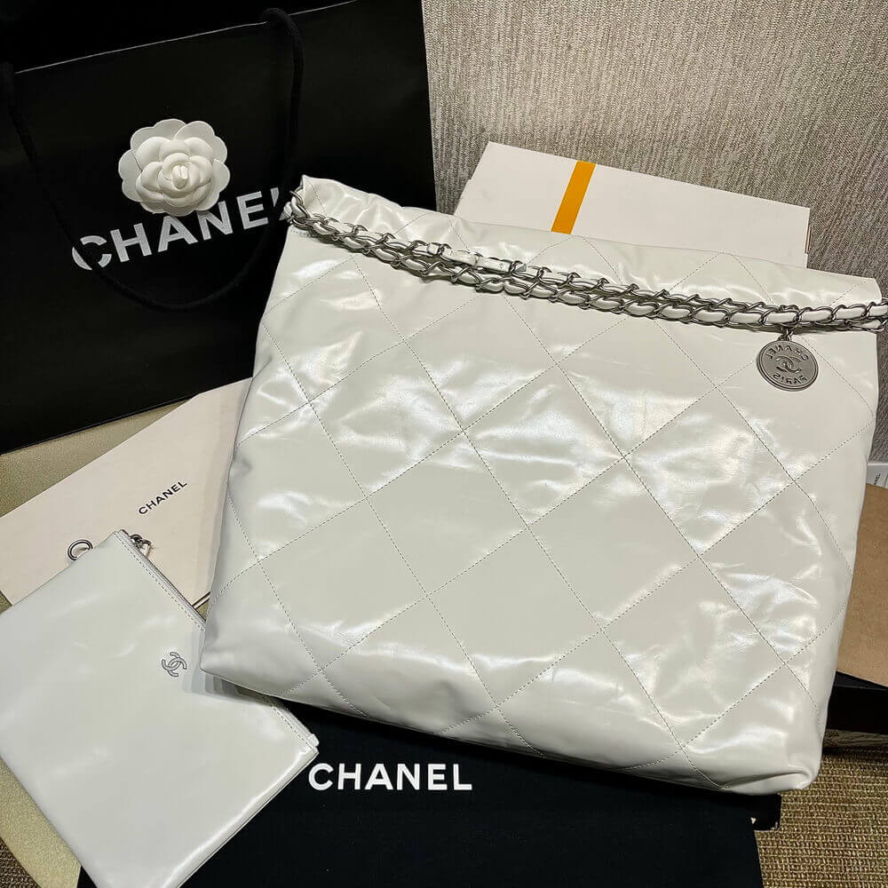 Chanel 22 Small Handbag Shiny Calfskin White Silver