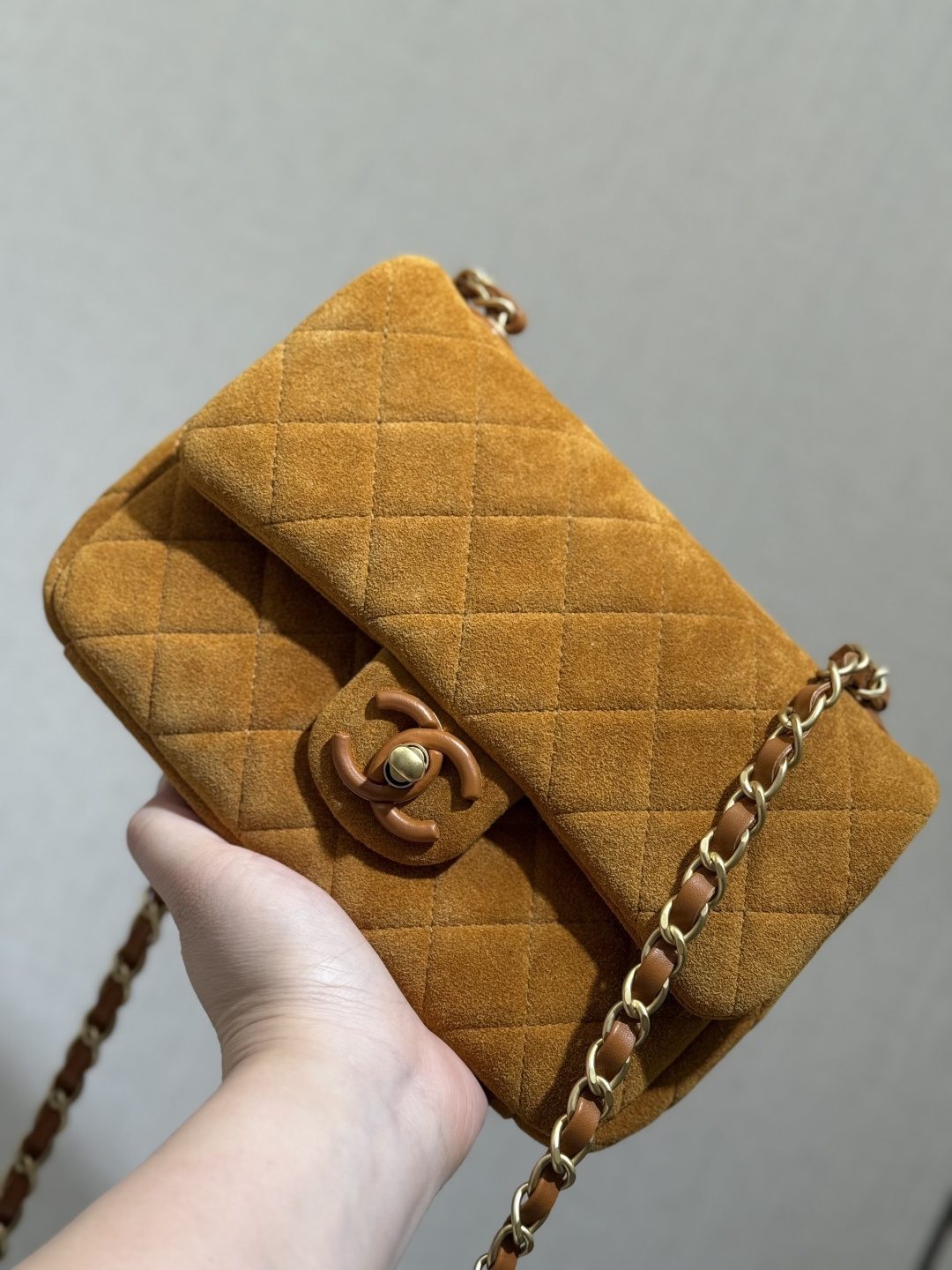 26C Cruise Mini Flap Bag in Caramel Mocha Suede Calfskin with Gold-Tone Hardware (Model AS5989)