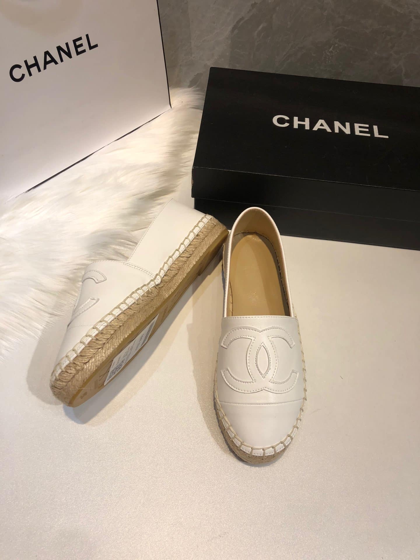 Chanel Embroidered Espadrille Leather Cap Toe Flats White