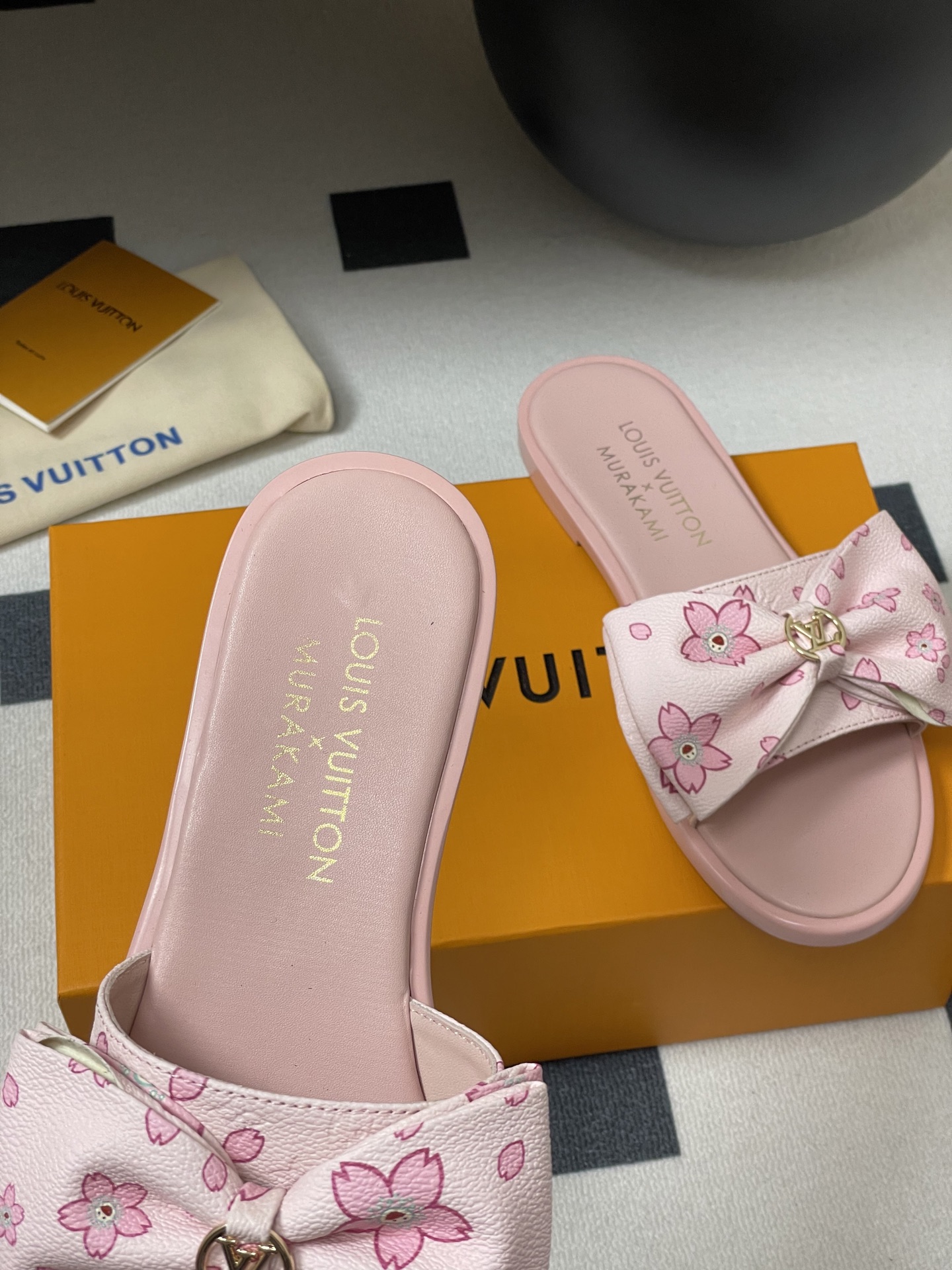 Louis Vuitton x Takashi Murakami Lily Flat Mule Bow Slide Sandals Pink- White 1AGVYA