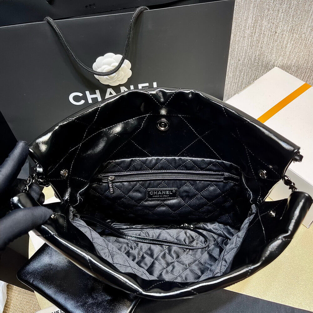 Chanel 22 Small Handbag Shiny Calfskin Black with Black logo