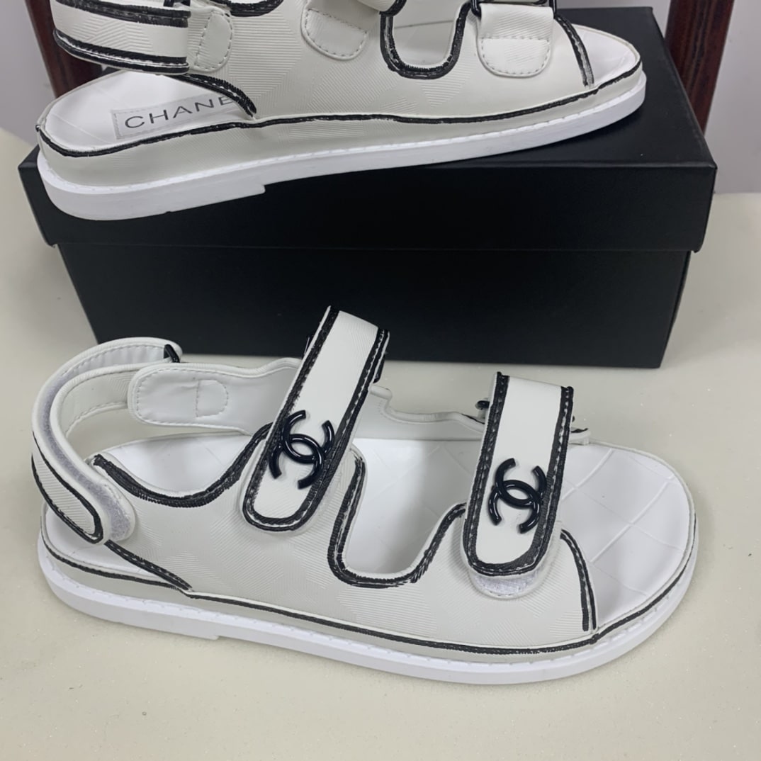 Chanel Calfskin Printed Velcro Dad Sandals White Black