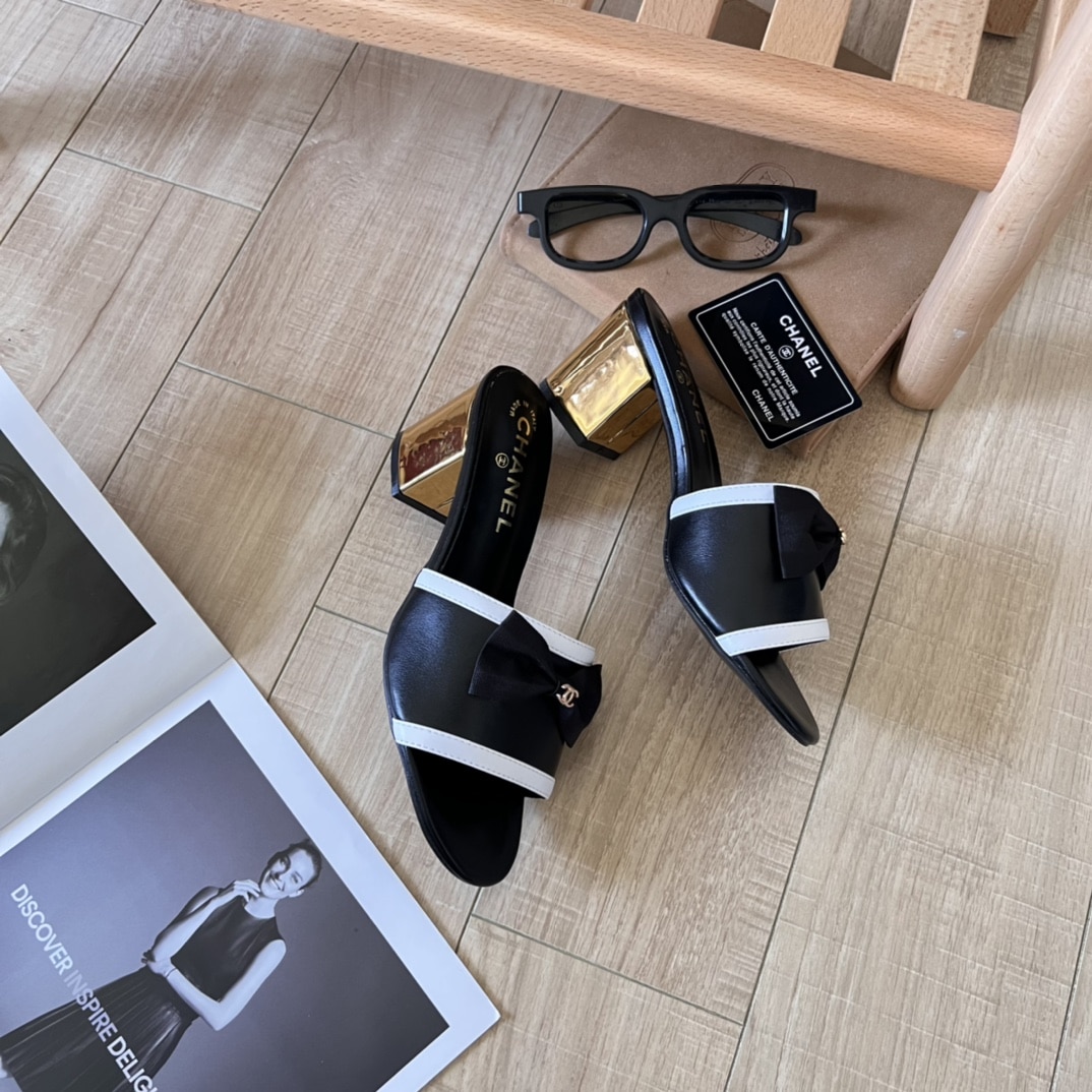 Chanel Grosgrain Ribbon Bow Mule Leather Gold Black