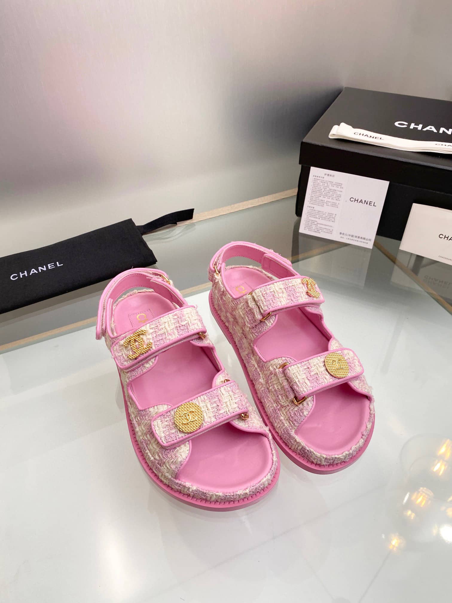 Chanel Tweed Sandal Pink Ecru Cotton G35927 X56999 K5945