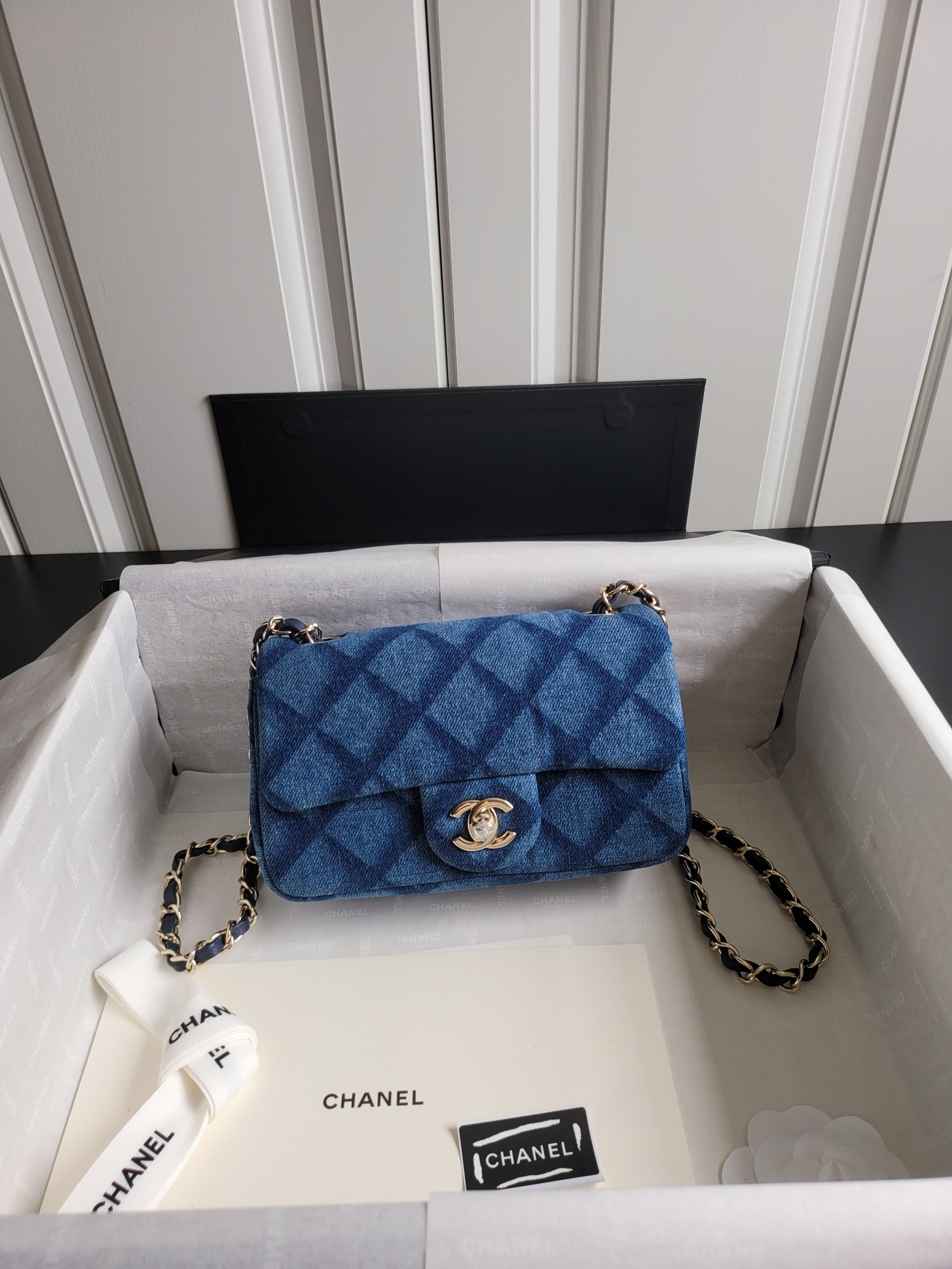 25C Medium Classic Flap Bag (AS4067) in Blue Quilted Washed Denim with Light Gold-Tone Hardware