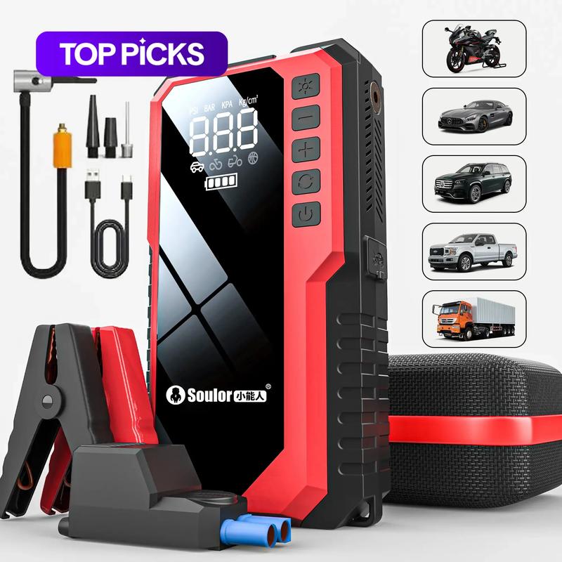 Portable Car Jump Starter 6400mah/8000mah with Air Compressor, Fast USB Charging, Multiple Safety Protections, Includes Jumper Cables